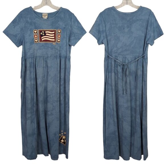 Cactus Bay Vintage light tie dye blue Maxi Dress Patriotic Flag Print Tie Back M - Picture 1 of 14